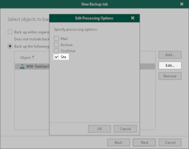 A screenshot of the same backup job step, except now the user has been added and now the edit button has been used to bring up the resources selector with "Sites" selected.