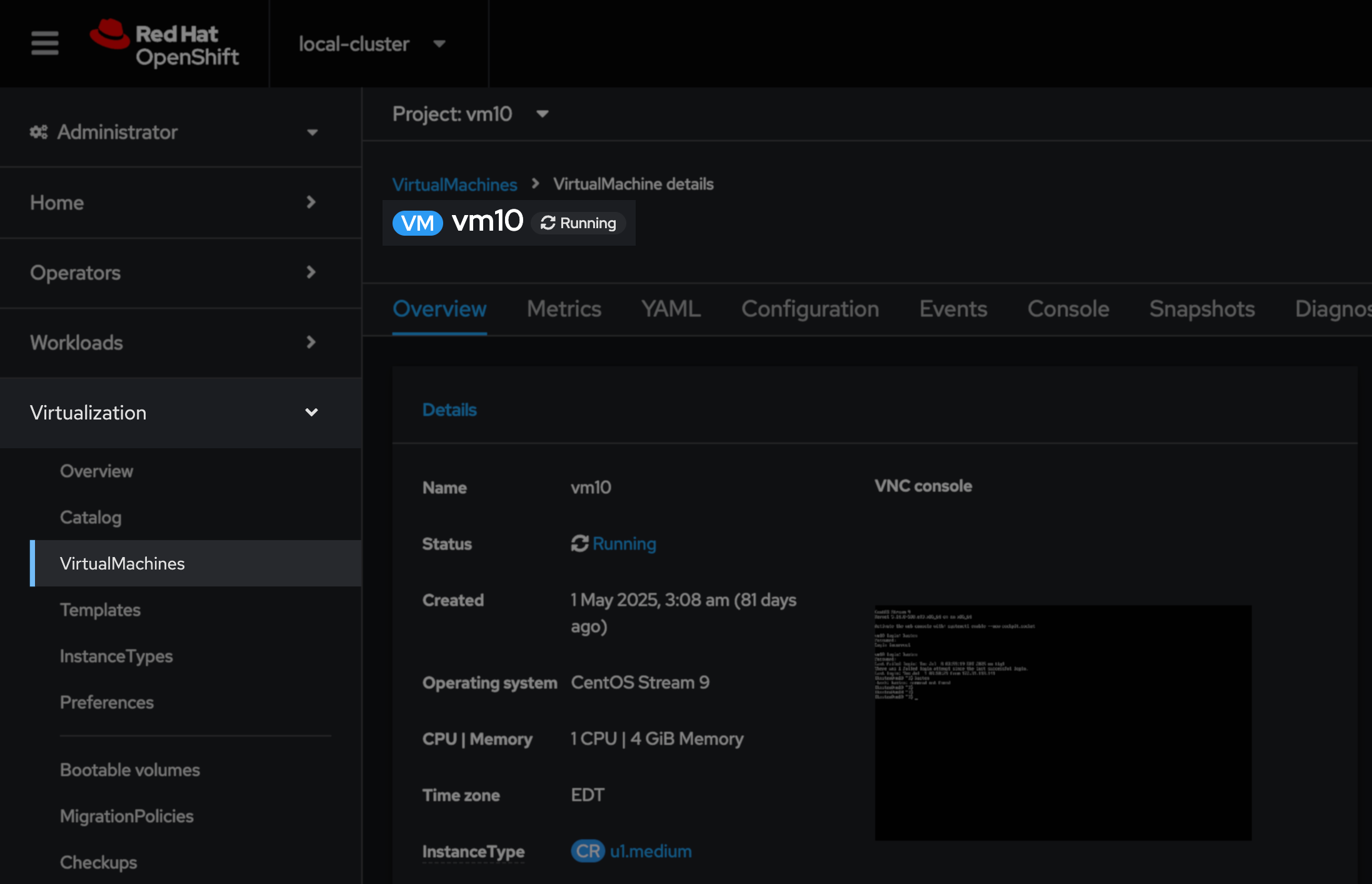 Screenshot showing a vm named VM10 with a status Running with the Virtulization > Virtual Machines side navigation expanded.
