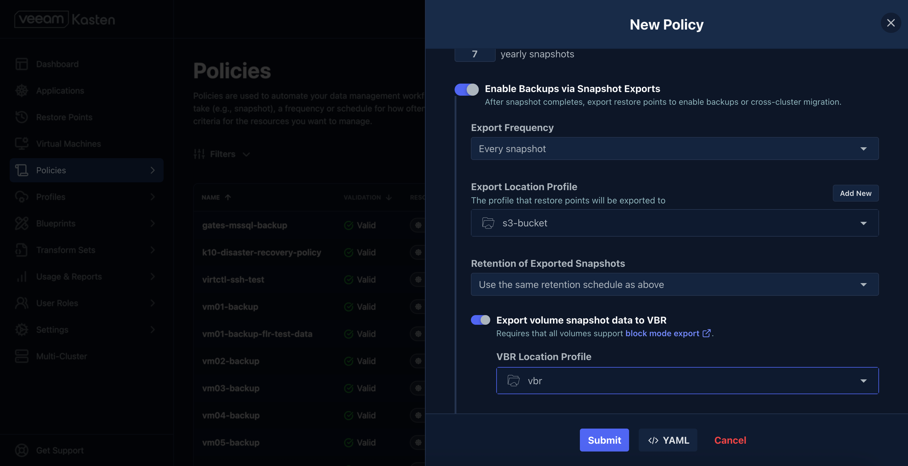 Screenshot of the create policy menu with the "Enable backups via snapshot exports" enabled and the subsetting of that named "Export volume snapshot data to VBR" enabled.