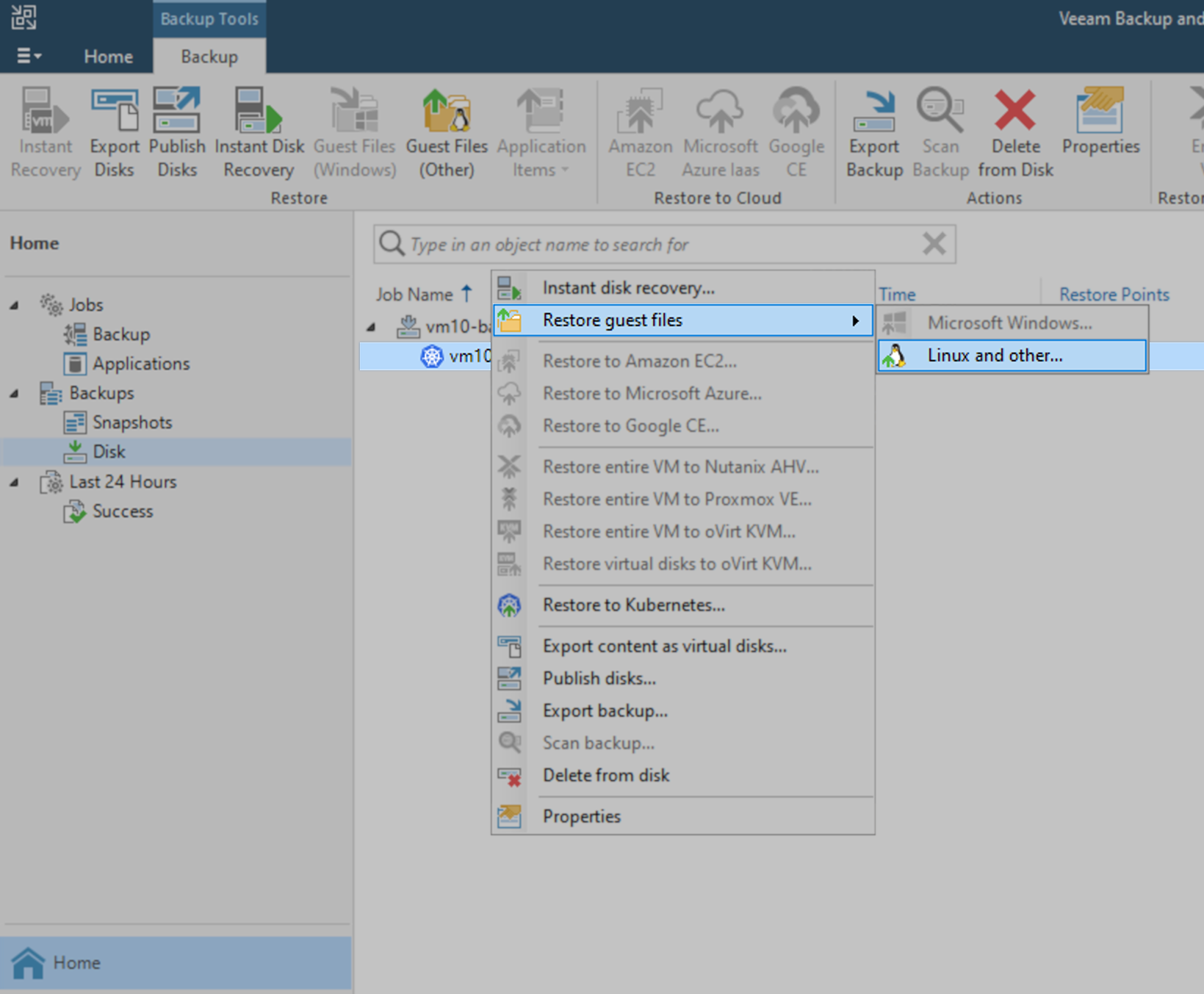 Screenshot of the context menu for a backup with the Restore Guest file menu option selected and the submenu option for "Linux and other..." highlighted.