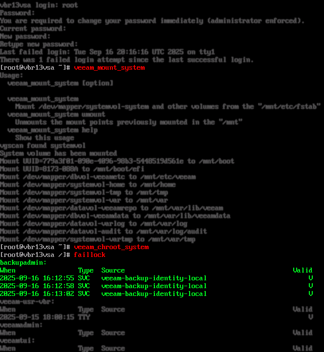 Linux terminal window showing login as root, password change prompt, use of veeam_mount_system and veeam_chroot_system commands, and the output of the faillock command listing recent failed logins by the user "backupadmin".