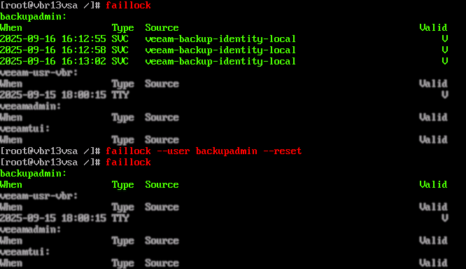 Linux terminal showing the faillock command output for user "backupadmin" with 3 failed logins, followed by the command faillock --user backupadmin --reset, and then faillock showing no recent login records for "backupadmin."