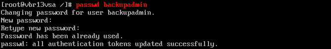 Linux terminal window showing password reset for an account named backupadmin using the command passwd backupadmin.