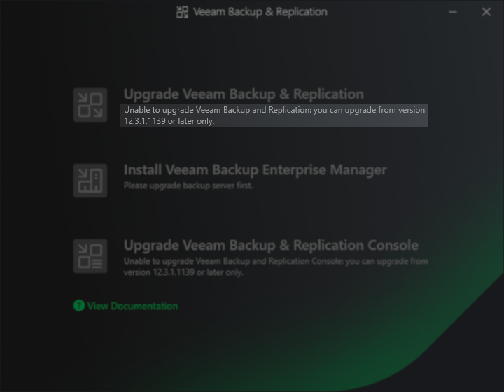 The Veeam Backup & Replication upgrade screen displays a warning message: "Unable to upgrade Veeam Backup and Replication: you can upgrade from version 12.3.1.1139 or later only." The options to upgrade the Backup & Replication Console and install the Enterprise Manager are also shown, with similar version requirements and instructions.