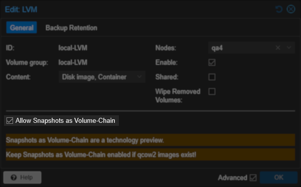 Edit LVM settings window showing "Allow Snapshots as Volume-Chain" is checked.