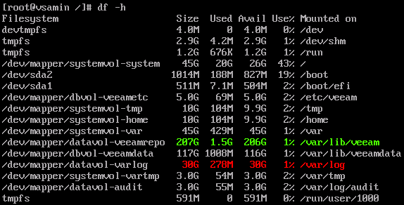 A root shell terminal window shows the output of the "df -h" command, listing disk usage for mounted filesystems. Several mount points are shown, including /var/lib/veeam (206G available), /var/log (30G available), and others. The storage space for those two mount points are highlighted.