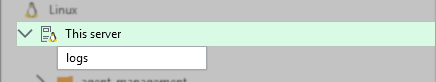 A new folder is being created under "This server" in the Linux file tree. The folder name is being entered as "logs" in an editable text field.