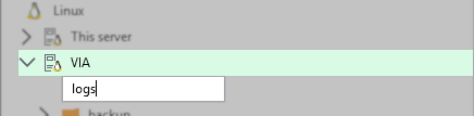A new folder is being created under "VIA" in the Linux file tree. The folder name is being entered as "logs" in an editable text field.