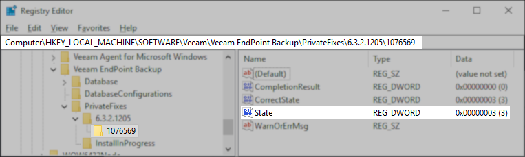 Windows Registry Editor open to the path for Veeam EndPoint Backup PrivateFixes, showing entry "1076569" under version 6.3.2.1205, with the "State" DWORD value set to 3.
