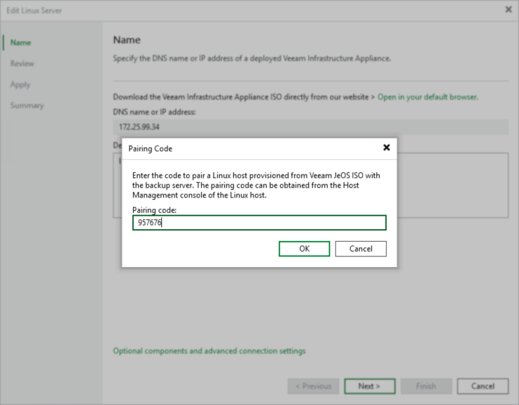 A "Pairing Code" dialog box is open on top of the Veeam "Edit Linux Server" setup screen. The dialog instructs the user to enter a code to pair a Linux host provisioned from Veeam JeOS ISO with the backup server. The pairing code field contains "95767," and there are "OK" and "Cancel" buttons below for user confirmation. The main wizard background shows configuration options for the Linux server.