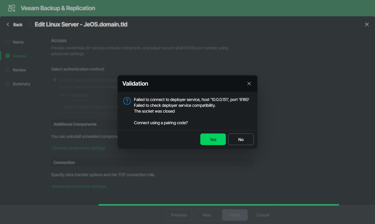 A Veeam Backup and Replication dialog box displays an error message: "Failed to connect to deployer service, host '172.25.99.34,...', port '6160'. Failed to check deployer service compatibility. Authentication failed, see inner exception. An unknown error occurred while processing the certificate." The dialog asks, "Connect using a pairing code?" with "Yes" and "No" buttons for user selection. The background shows the "Edit Linux Server" configuration screen.