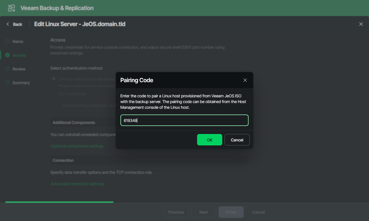 A "Pairing Code" dialog box is open on top of the Veeam "Edit Linux Server" setup screen. The dialog instructs the user to enter a code to pair a Linux host provisioned from Veeam JeOS ISO with the backup server. The pairing code field contains "95767," and there are "OK" and "Cancel" buttons below for user confirmation. The main wizard background shows configuration options for the Linux server.
