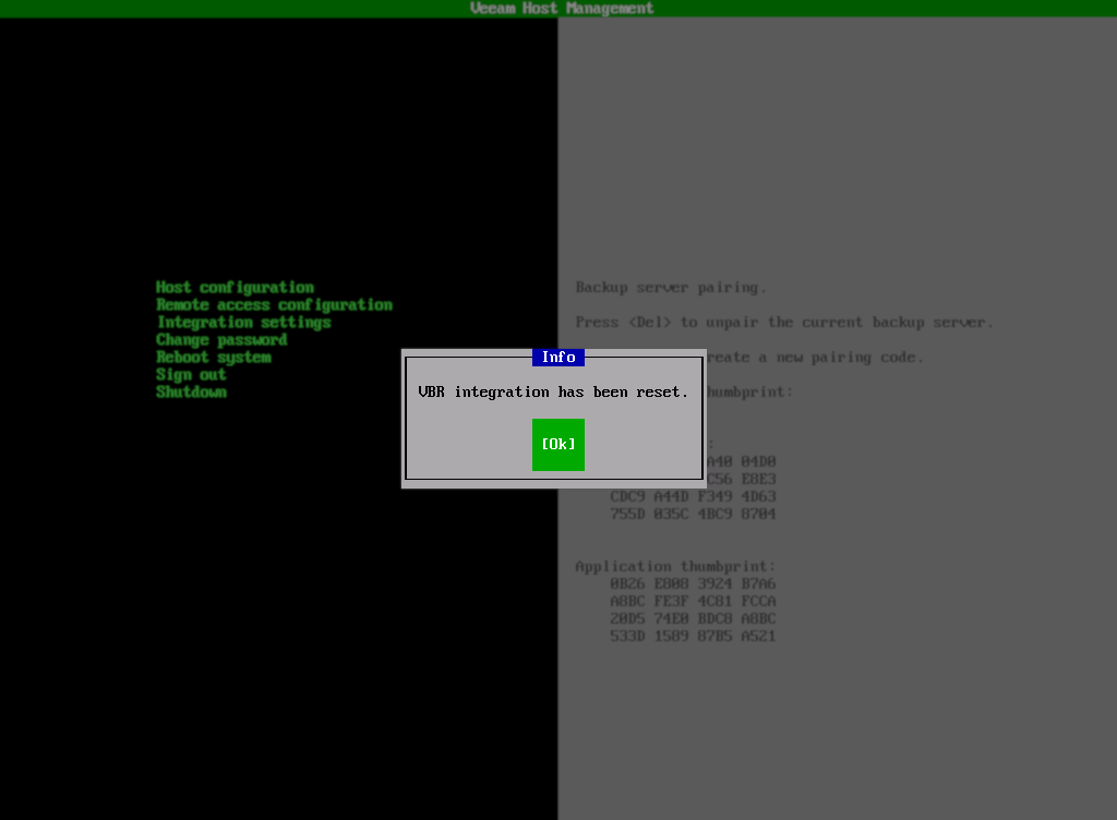 TUI showing confirmation that backup server has been removed