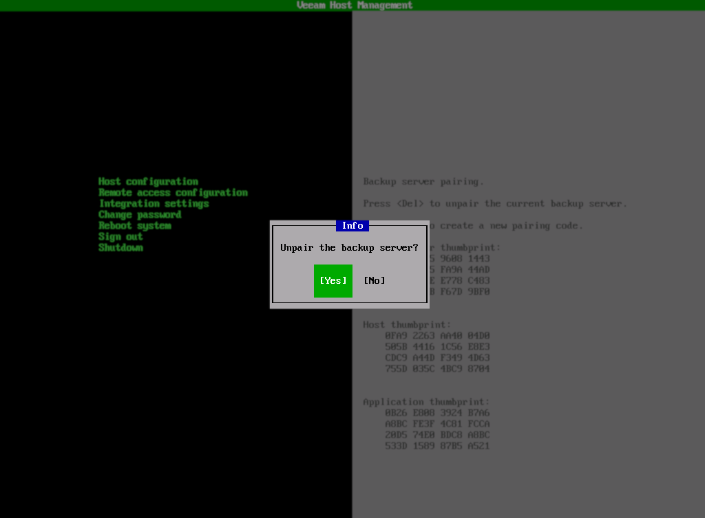 TUI showing confirmation to delete existing backup server connection