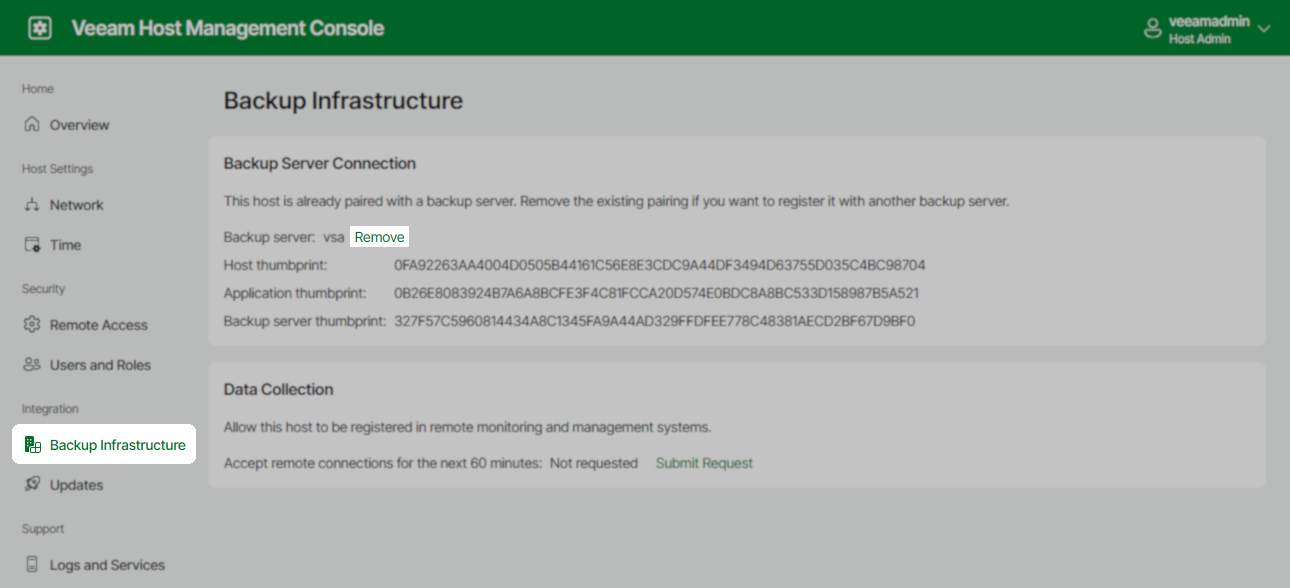 The Veeam Host Management Console web interface is displayed on the "Backup Infrastructure" section. Under "Backup Server Connection," the host is shown as already paired with a backup server ("vsa"), with a "Remove" link highlighted.