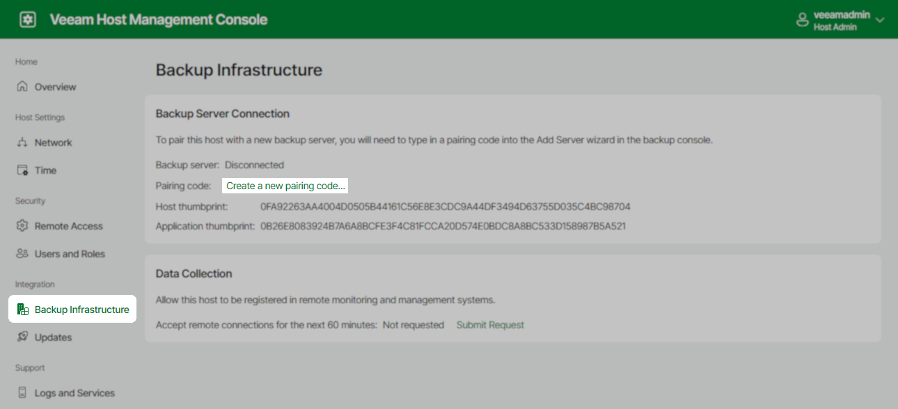 The Veeam Host Management Console web interface displays the "Backup Infrastructure" section. Under "Backup Server Connection," the backup server status is "Disconnected." Instructions note that a pairing code must be entered into the Add Server wizard in the backup console. There is a highlighted "Create a new pairing code..." link.