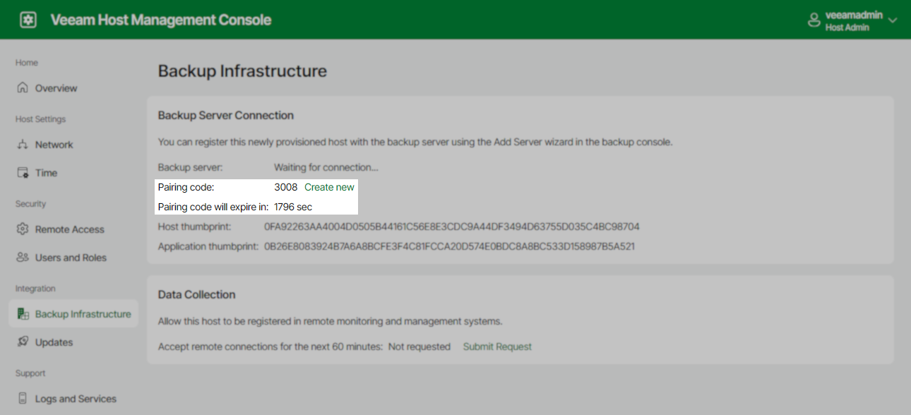 The Veeam Host Management Console web interface is open to the "Backup Infrastructure" section. Under "Backup Server Connection," the backup server status is "Waiting for connection..." A pairing code "3008" is displayed, along with a "Create new" link. A message below states "Pairing code will expire in: 1796 sec."