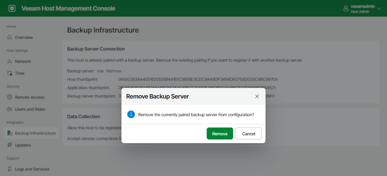 The Veeam Host Management Console web interface shows a popup dialog titled "Remove Backup Server." The dialog asks, "Remove the currently paired backup server from configuration?" with "Remove" and "Cancel" buttons. 