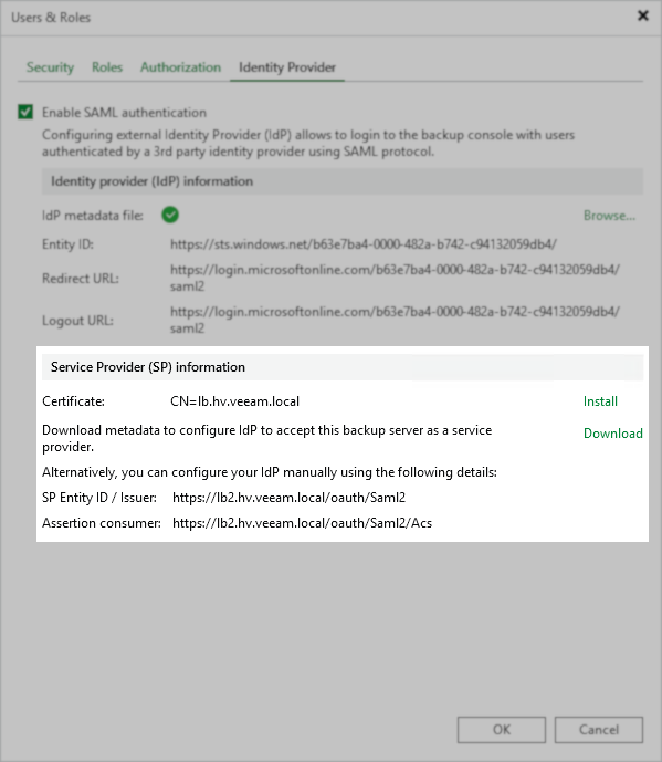 The "Identity Provider" tab of the "Users & Roles" settings window is shown, with SAML authentication enabled. The screen displays identity provider (IdP) information such as Entity ID, Redirect URL, and Logout URL. Below, a highlighted section labeled "Service Provider (SP) information" provides certificate details, download links for metadata, and manual configuration values including SP Entity ID / Issuer and Assertion consumer URLs. The OK and Cancel buttons are visible at the bottom.