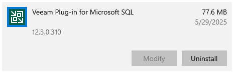 Application entry showing "Veeam Plug-in for Microsoft SQL" version 12.3.0.310