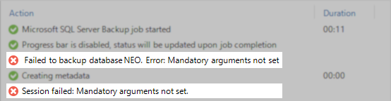 Error messages in a backup job log stating "Failed to backup database NEO. Error: Mandatory arguments not set" and "Session failed: Mandatory arguments not set."
