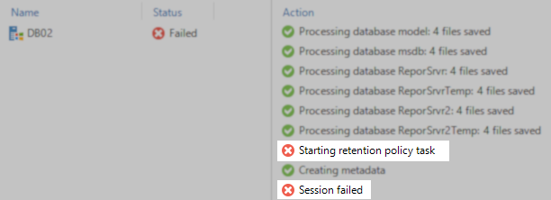 Backup job summary for database "DB02" showing a failed status. The action log lists successful processing of several databases, followed by errors at "Starting retention policy task" and "Session failed."