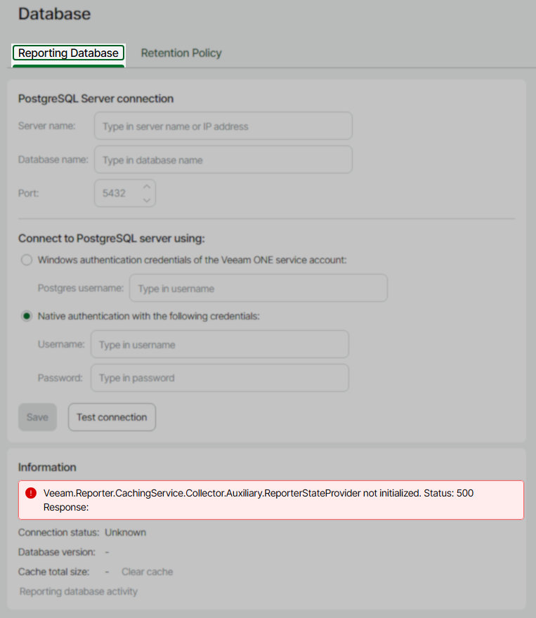 The "Database" settings screen for Reporting Database in Veeam ONE is shown. PostgreSQL server connection fields are visible, with options for Windows and native authentication. A red error message at the bottom reads: "Veeam.Reporter.CachingService.Collector.Auxiliary.ReporterStateProvider not initialized. Status: 500 Response." Connection status and database version are listed as unknown.