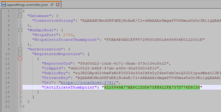 A configuration file named "appsettings.overrides.json" is open in a text editor. The file contains JSON settings, and the "CertificateThumbprint" field is highlighted, showing the value "9228999A77AE6C1D3D675FB922FA737D776D8C33" under the "Authorization" section for a registered reporter.