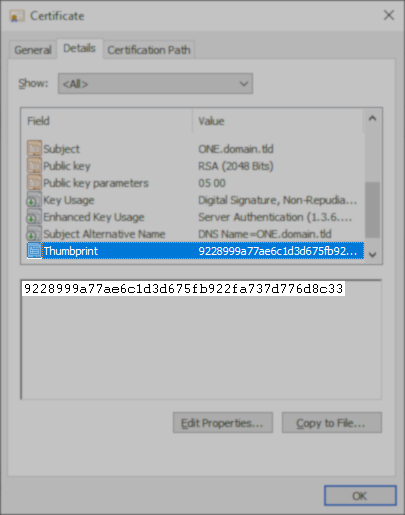 The Windows Certificate dialog is open to the "Details" tab, displaying certificate information. The "Thumbprint" field is selected, and the thumbprint value "9228999a77ae6c1d3d675fb922fa737d776d8c33" is shown in the lower panel.