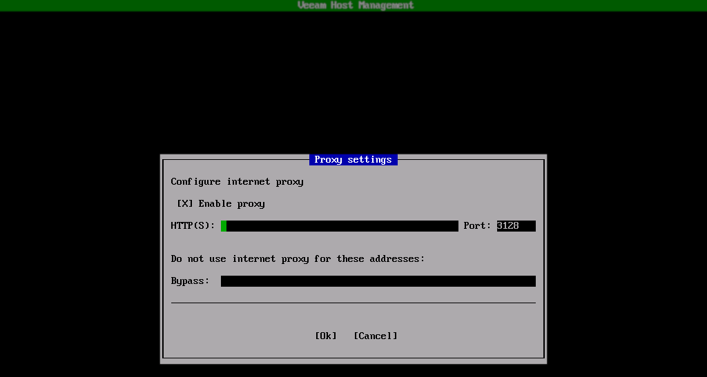 The Veeam Host Management console displays a "Proxy settings" dialog. Fields for HTTP(s) proxy is shown, and set to port 3128, along with a field for exceptions ("Bypass"). OK and Cancel buttons are at the bottom.