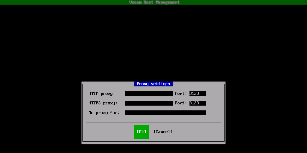The Veeam Host Management console displays a "Proxy settings" dialog. Fields for HTTP proxy and HTTPS proxy are shown, both set to port 3128, along with a field for exceptions ("No proxy for"). OK and Cancel buttons are at the bottom.