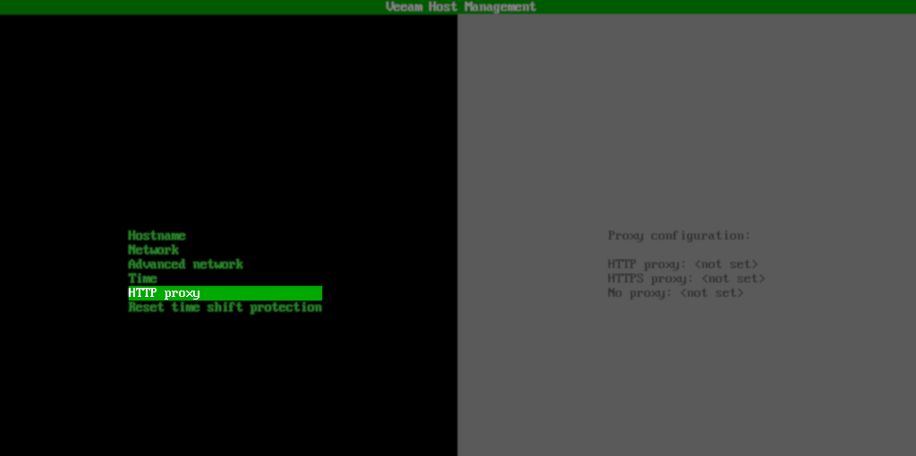 The Veeam Host Management console is open to a configuration menu with "HTTP proxy" highlighted. The right panel shows the current proxy configuration, with all proxy settings ("HTTP proxy," "HTTPS proxy," and "No proxy") listed as "not set."