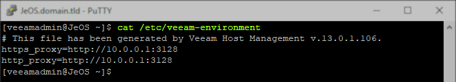 A terminal window shows the command cat /etc/veeam-environment run on a Linux host. The displayed file contains proxy configuration lines generated by Veeam Host Management, specifying both https_proxy and http_proxy as http://10.0.0.1:3128.