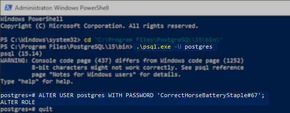 A Windows PowerShell window shows steps to reset the PostgreSQL password. The user navigates to the PostgreSQL bin directory and launches psql.exe as the postgres user. The command ALTER USER postgres WITH PASSWORD 'CorrectHorseBatteryStaple#67'; is entered to change the password, followed by quit to exit.
