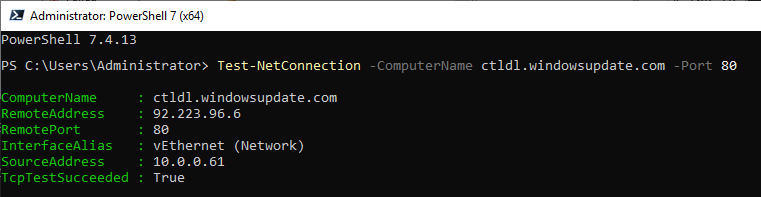 A Windows PowerShell window shows the result of a "Test-NetConnection" command to "ctldl.windowsupdate.com" on port 80. The output confirms a successful connection with "TcpTestSucceeded : True" and displays connection details including remote address, port, and interface.