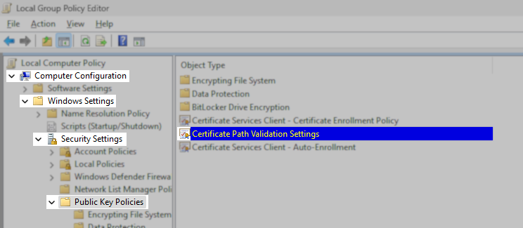 The Local Group Policy Editor window is open. The navigation tree on the left is expanded to "Computer Configuration" > "Windows Settings" > "Security Settings" > "Public Key Policies." The right pane highlights "Certificate Path Validation Settings."