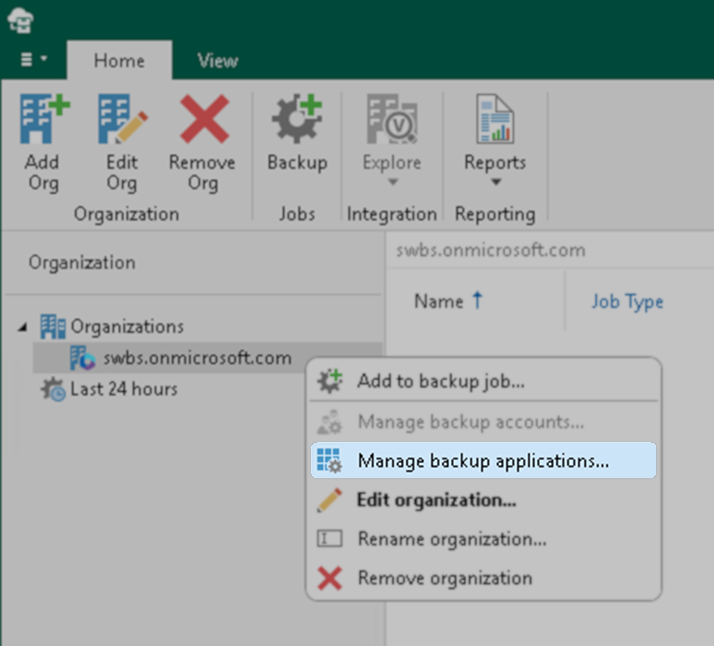 The Veeam Backup for Microsoft 365 interface shows the "Home" tab selected. In the "Organizations" section, a context menu is open for an organization. The highlighted option is "Manage backup applications..."
