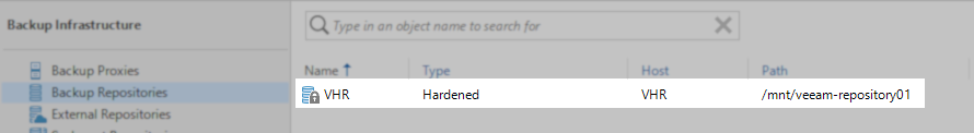 In the Veeam Backup & Replication interface, the "Backup Infrastructure" section is open with "Backup Repositories" selected. The repository named "VHR" is listed as "Hardened" type, hosted on "VHR," with the path "/mnt/veeam-repository01."