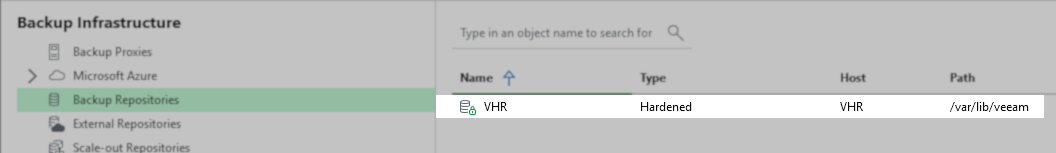 In the Veeam Backup & Replication interface, the "Backup Infrastructure" section is open with "Backup Repositories" selected. The repository named "VHR" is listed as "Hardened" type, hosted on "VHR," with the path "/var/lib/veeam."