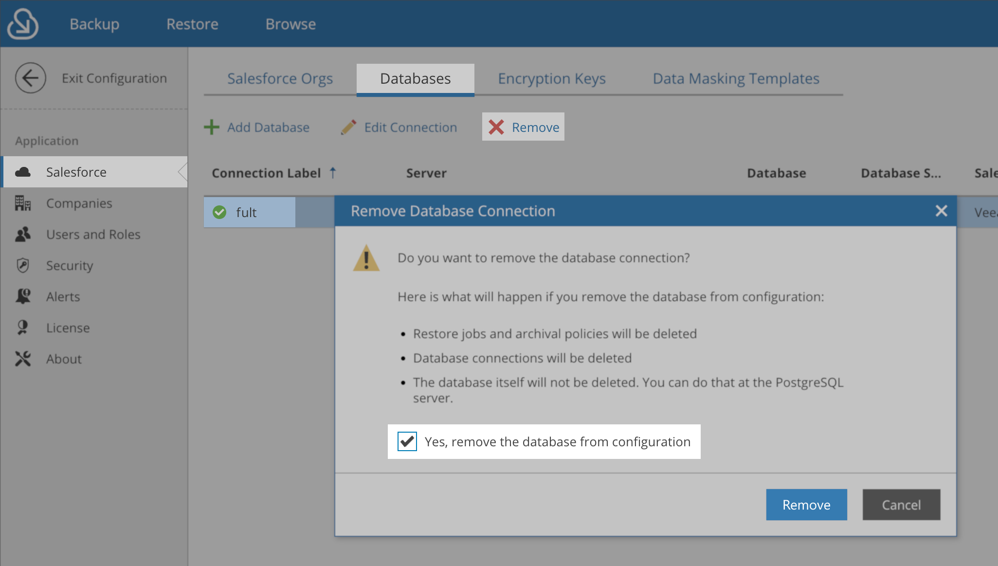 The Salesforce application configuration interface is on the "Databases" tab. A confirmation dialog titled "Remove Database Connection" is in the foreground, warning that removing the database connection will delete restore jobs and archival policies, but the database itself will not be deleted. The checkbox "Yes, remove the database from configuration" is checked, and "Remove" and "Cancel" buttons are at the bottom.
