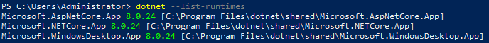 A Windows PowerShell window shows the output of the command dotnet --list-runtimes. The installed .NET runtimes are: Microsoft.AspNetCore.App 8.0.24, Microsoft.NETCore.App 8.0.24, and Microsoft.WindowsDesktop.App 8.0.24. All version numbers match, highlighted in green.
