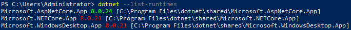 A Windows PowerShell window shows the output of the command dotnet --list-runtimes. The installed .NET runtimes are: Microsoft.AspNetCore.App 8.0.24, Microsoft.NETCore.App 8.0.21, and Microsoft.WindowsDesktop.App 8.0.21. The version numbers are highlighted in different colors, indicating a version mismatch.