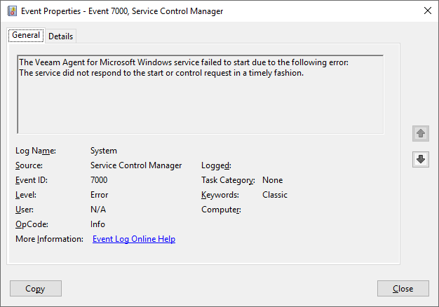The "Event Properties - Event 7000, Service Control Manager" window is open. The message states: "The Veeam Agent for Microsoft Windows service failed to start due to the following error: The service did not respond to the start or control request in a timely fashion." Event ID is 7000, source is Service Control Manager, and log name is System.