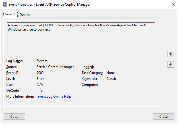 The "Event Properties - Event 7009, Service Control Manager" window is open. The message states: "A timeout was reached (30000 milliseconds) while waiting for the Veeam Agent for Microsoft Windows service to connect." Event ID is 7009, source is Service Control Manager, and log name is System.