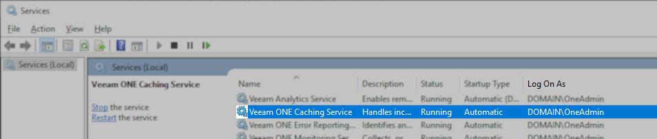 The Windows Services Manager is open, showing the "Veeam ONE Caching Service" running with the "Log On As" column displaying "DOMAIN\OneAdmin." Other Veeam ONE services are also listed as running under the same account.