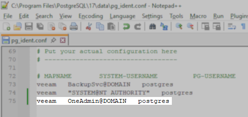 A Notepad++ window displays the pg_ident.conf file for PostgreSQL. The file shows mapping rules, including a line mapping "veeam" to "OneAdmin@DOMAIN" as the "postgres" user.