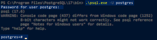A Windows PowerShell window shows a successful login to PostgreSQL using the command .psql.exe -U postgres. The prompt asks for the password, and after entering it, the postgres=# prompt appears, indicating successful authentication.