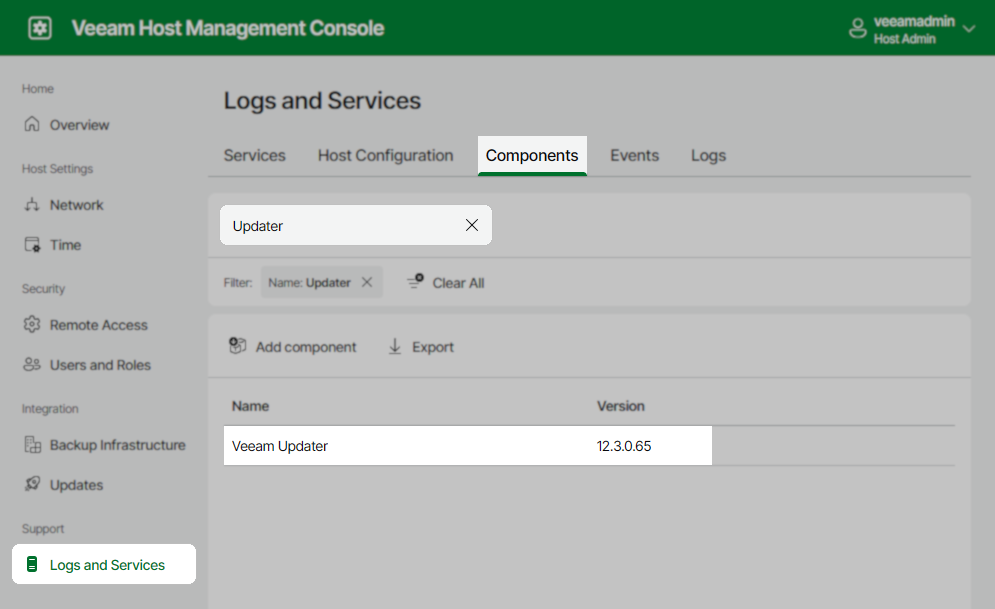 Veeam Host Management Console showing Logs and Services on the Components tab, filtered for "Updater", with Veeam Updater listed as version 12.3.0.65.