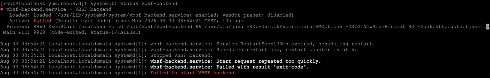 Terminal output showing the vbsf-backend service in a failed state.