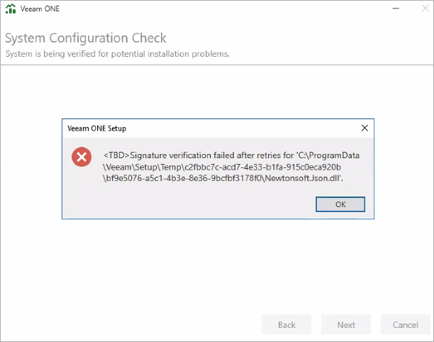 Setup error example with error message in pop-up dialog box with an OK button and the System Configuration Check in the background.